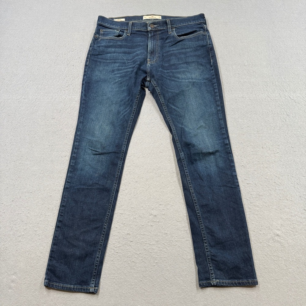 Hollister Jeans Men's 34x32 Blue Dark Wash Skinny Slim Fit Whiskered Denim Retro